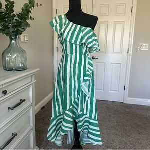 Flying Tomato Small Green and White Striped One-Shoulder Ruffle Hi-Low Dress